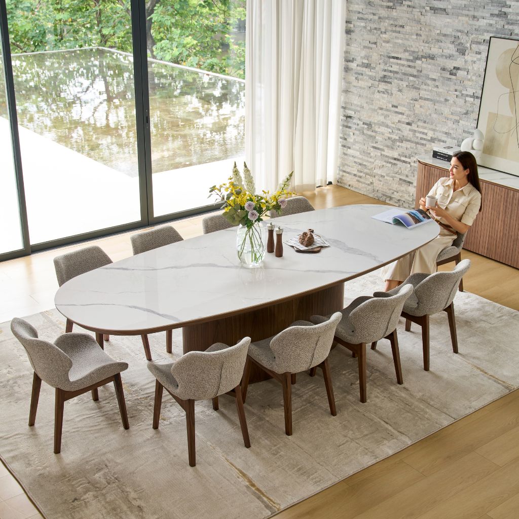 Ava Oval Dining Table showing the oval marble-look ceramic top