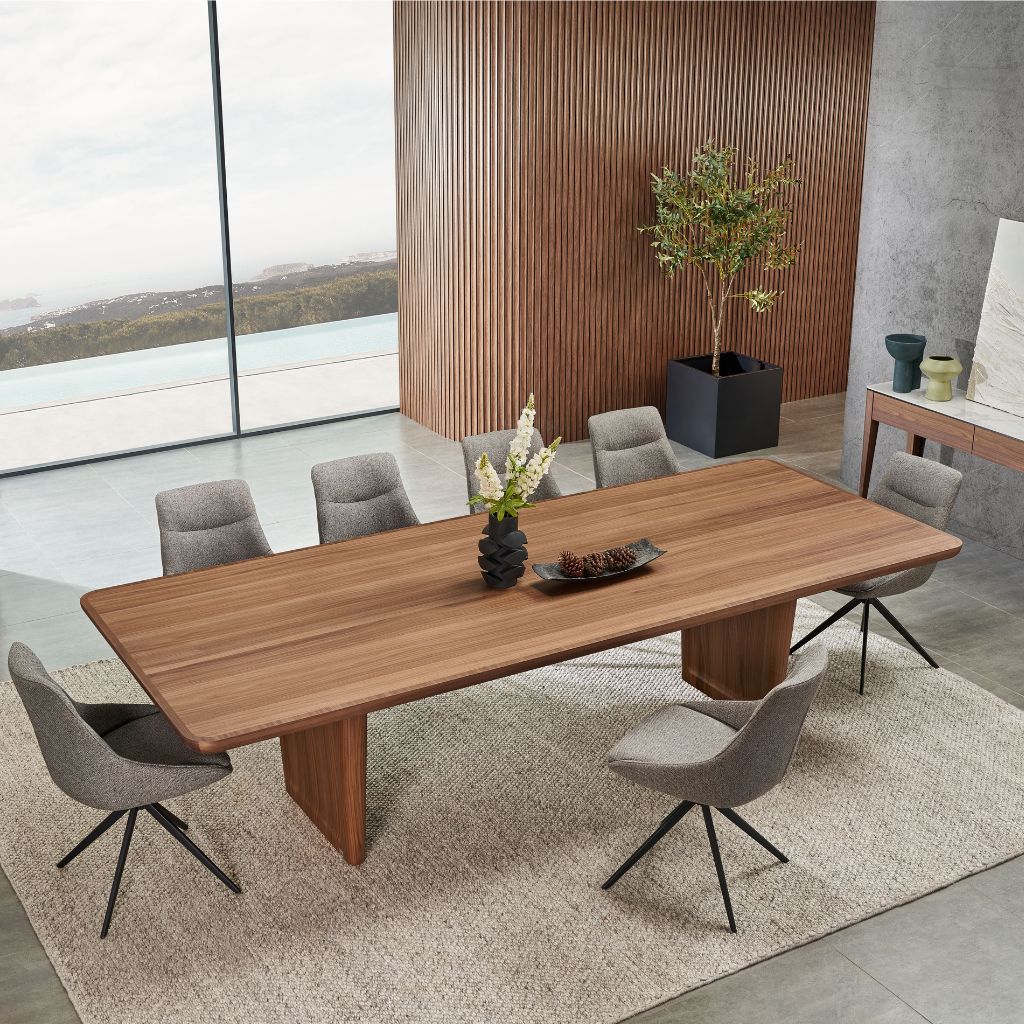 Holland American Walnut dining table styled in a dining room